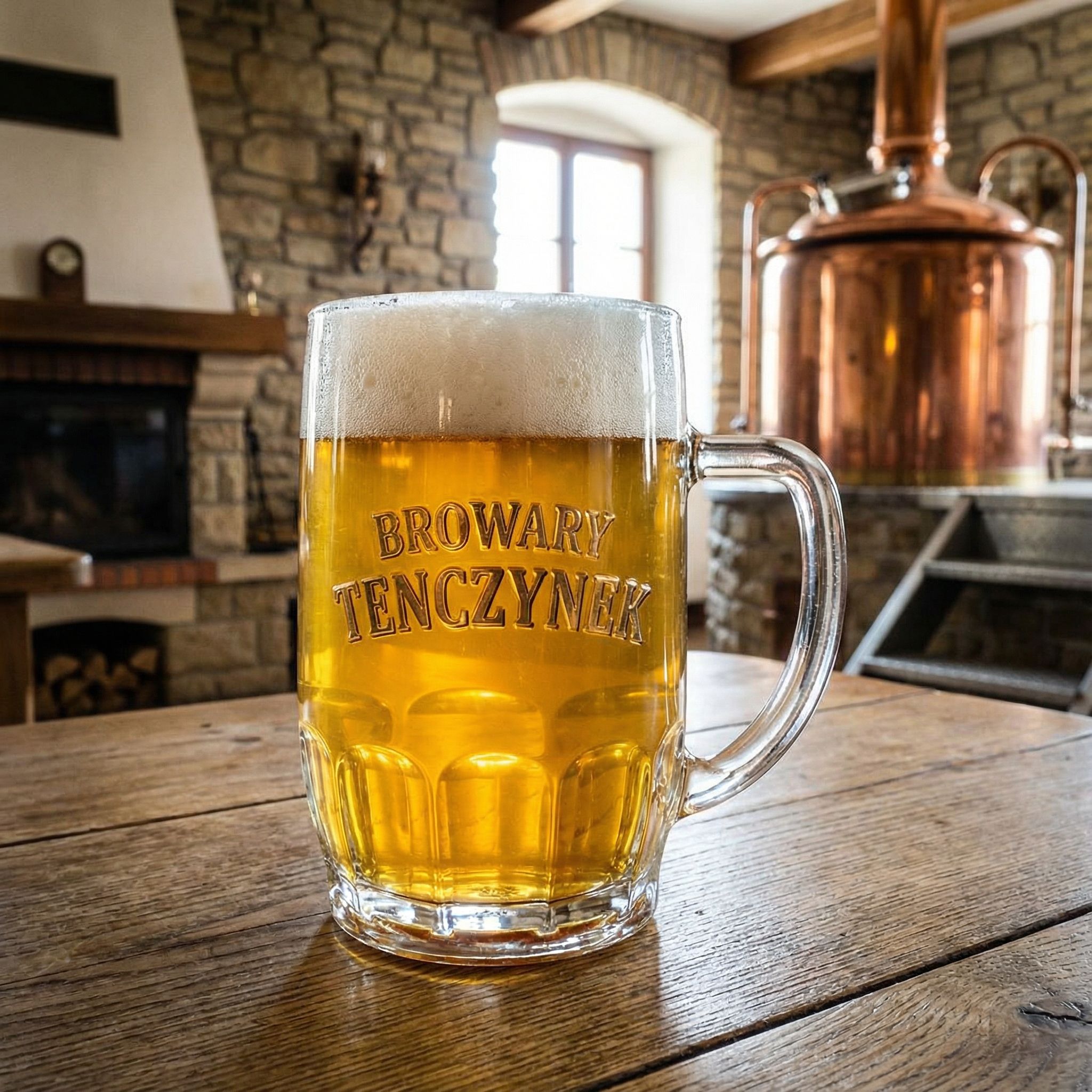 Złociste piwo w kuflu z logo Browary Tenczynek